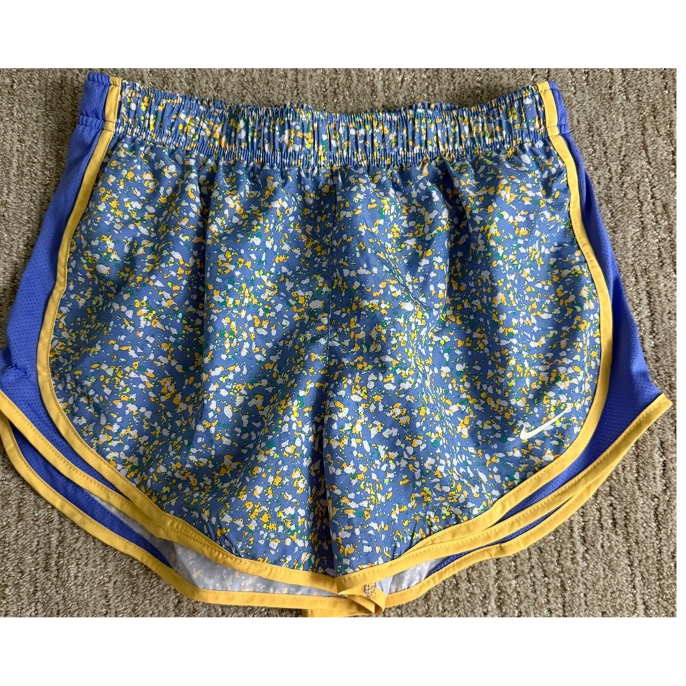 Nike Dri-FIT Women Running Shorts Blue Yellow Splatter Print Mesh Athletic M